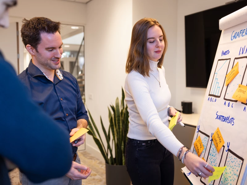 Consultant begeleidt vrouw tijdens Lean Six Sigma workshop