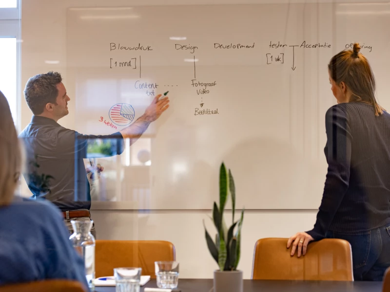 Willem Heijboer legt een concept uit op een whiteboard en inspireert deelnemers over de verbeter-aanpak