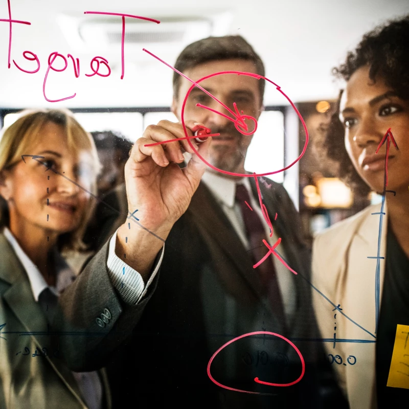 Groep mensen staan voor een glasplaat waarop postits en grafieken staan afgebeeld om te bepalen hoe effectief het Operational Excellence programma is