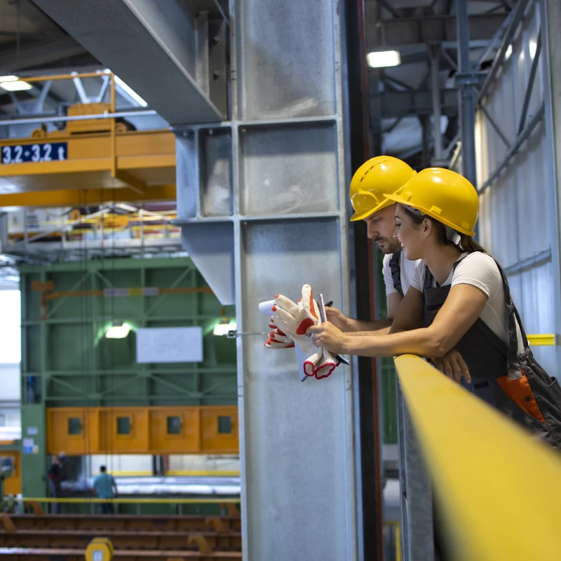 Twee fabrieksarbeiders van de sector Productie en Industrie, die neerkijken naar de productiehal.