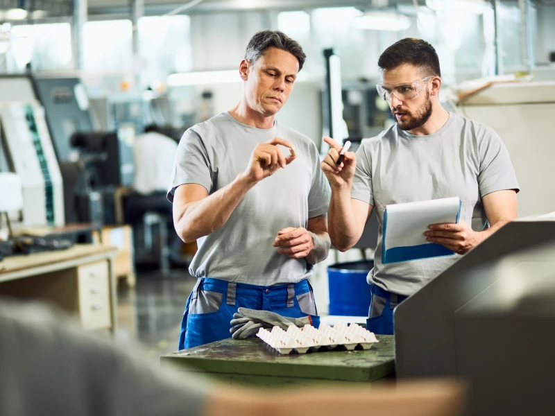 Twee fabrieksarbeiders die hun werkomgeving inspecteren tijdens een 5S-audit.