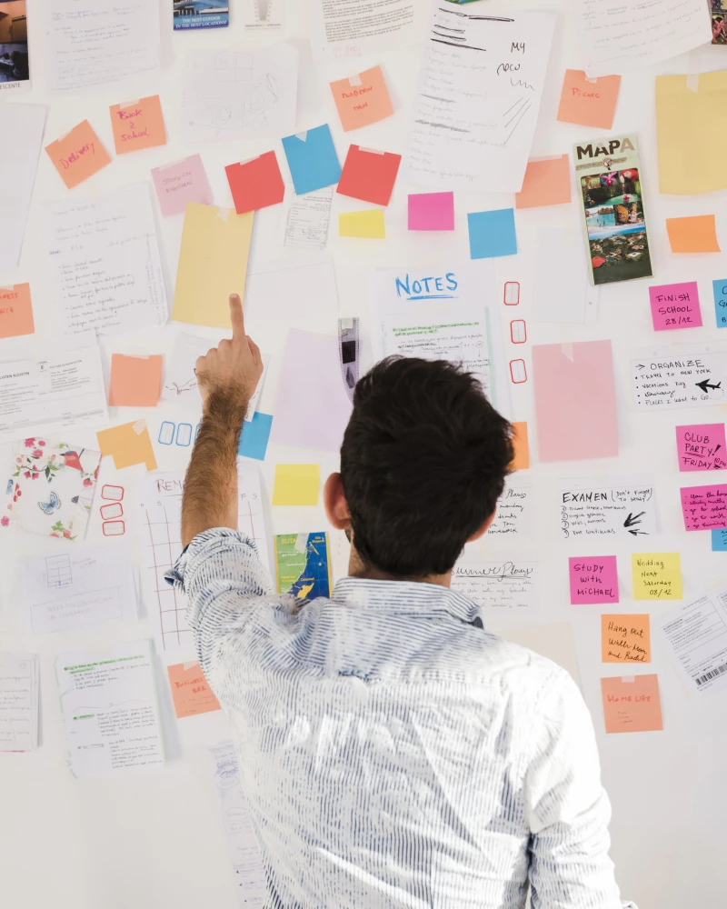 Man die wijst naar notities op een muur, waarop verschillende Lean Six Sigma verbeterinitiatieven benoemd zijn