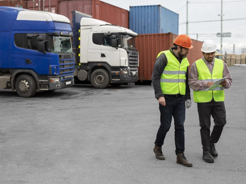 Twee mannen in hesjes bespreken logistieke uitdagingen met achter hen twee vrachtwagens en zeecontainers