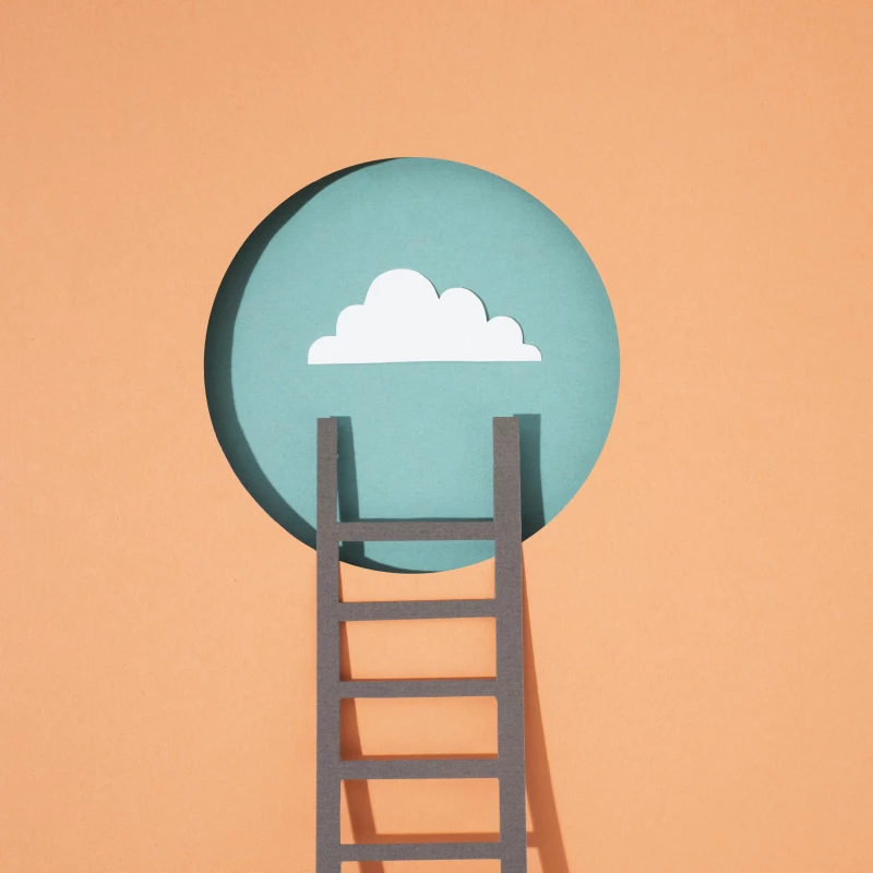 Het Lean leiderschap principe van richting geven en de middelen aanreiken zodat mensen zelf kunnen verbeteren, wordt abstract getoond met een ladder naar een raam