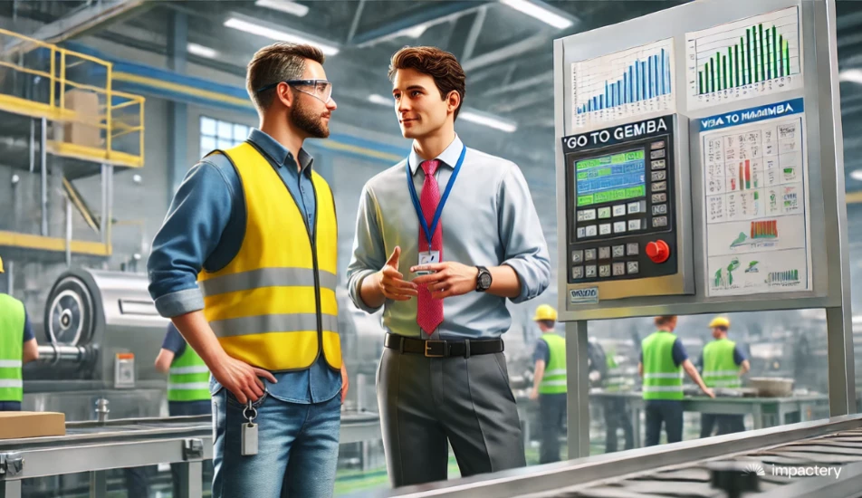 Manager gaat in gesprek met operator op werkvloer