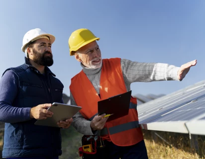Twee personen die naast zonnepanelen staan om de Energie sector te symboliseren